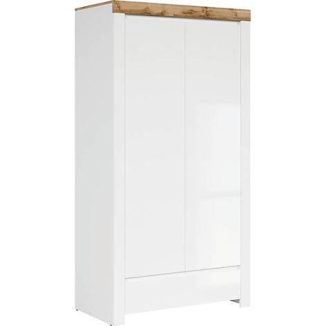 Armoire placard de rangement à 2 portes avec tiroir,coloris Blanc/Chêne wotan - Longueur 106 x Profondeur 56,5 x Hauteur 203,5 cm (1/5)