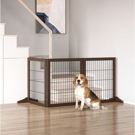 Barriera autoportante per cani in legno di pino, 3 pannelli, marrone, 185 x 36 x 71 cm (1/5)