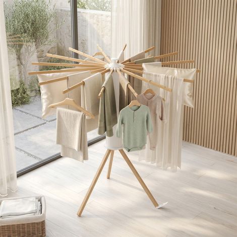 Songmics – Étendoir à linge pliable en bois – Structure pivotante pour balcon et buanderie – Capacité 24 kg – Dimensions 112 x 112 x 122 cm