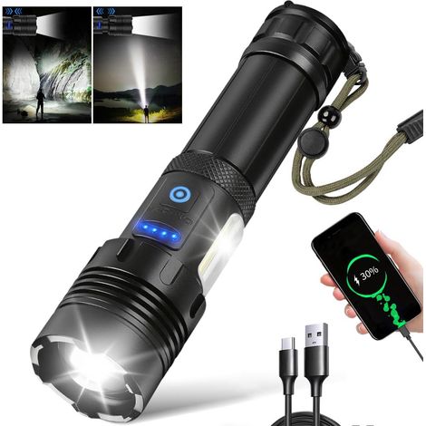 Wiederaufladbare LED-Taschenlampe, hohe Lichtleistung mit COB-Seitenlicht, superhelle LED-Taschenlampe, leistungsstarke wasserdichte Taschenlampe, 7 Modi, Zoom-Taschenlampe