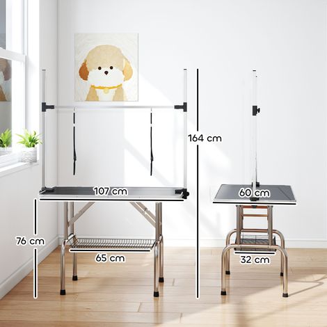 Table de toilettage pour chiens et chats jusqu'à 100 kg, réglable en hauteur et pliable, avec panier inférieur, noire. (1/5)
