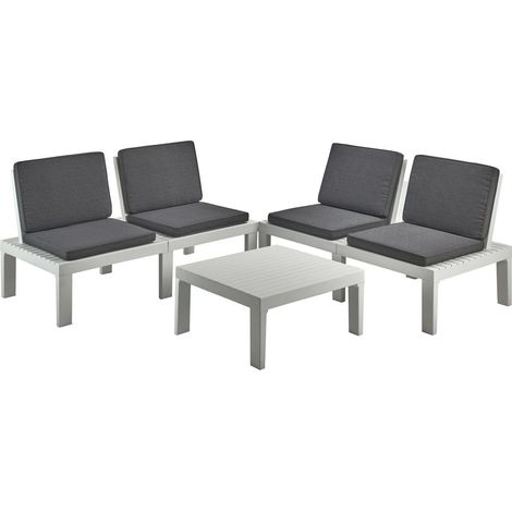 Set salotto da esterno Vigevano, Composizione da giardino con 4 sedute con schienale ed 1 modulo multifunzione, Salottino con cuscini, 100% Made in Italy, Bianco (1/4)