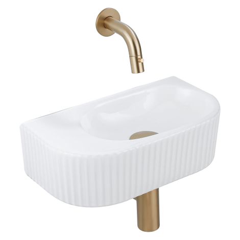 QeramiQ Fuente Ensemble de Lavabo - 40x21.5x12cm - strié - demi-rond - céramique - ensemble de robinet en laiton brossé - bouchon de vidange - siphon