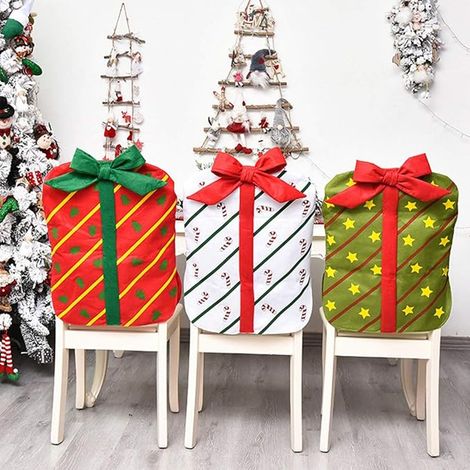Lot de 3 housses pour dos de chaise de Noël, design nœud papillon (emballage cadeau), décoration de Noël pour restaurant, hôtel, maison, cuisine, salle à manger. (1/4)