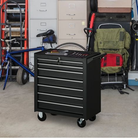 Chariot à outils 69 x 33 x 75 cm en acier noir, 7 tiroirs verrouillables pour atelier – MEUBLIV (1/5)