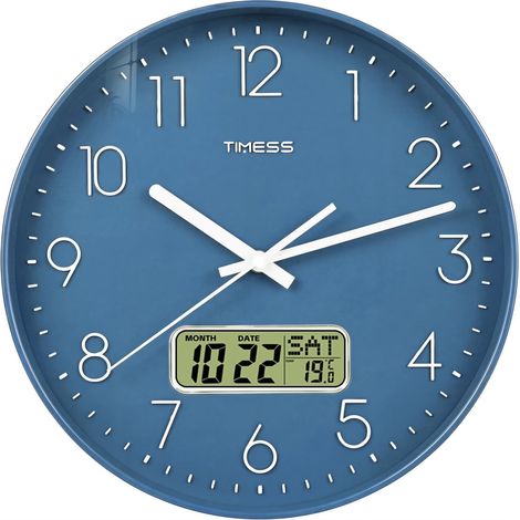 Horloge murale silencieuse de 30 cm avec affichage de la date, grands chiffres, fonctionne à piles, décoration intérieure moderne, bleue (1/5)