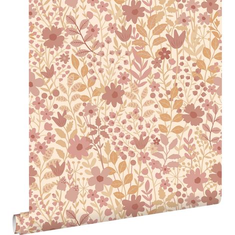 papier peint fleurs violet, vert et terracotta  - ESTAhome