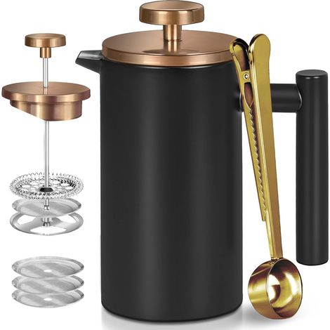 French Press Cafetière à piston en acier inoxydable, 600 ml, double paroi isolée, pour café et thé, avec 3 tamis supplémentaires et une cuillère à café, noire (1/5)