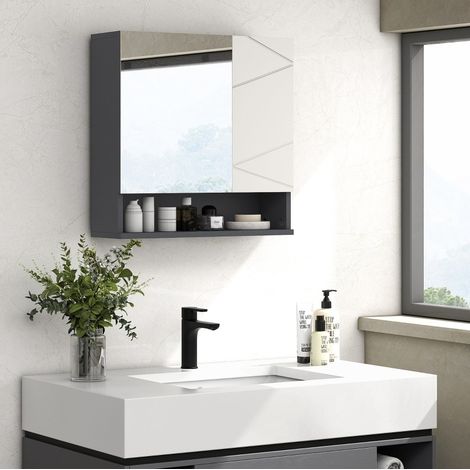 Armario de baño con espejo 55x17x55 cm gris de madera con estantes ajustables y compartimento abierto (1/5)
