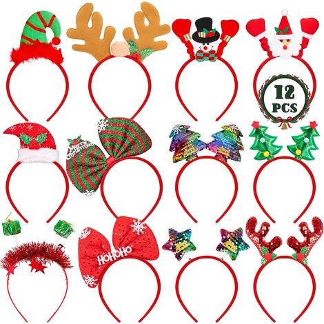 Lot de 12 serre-têtes de Noël aux motifs variés (bonnet de Père Noël, sapin, bonhomme de neige, bois de renne) – Accessoires festifs parfaits pour les fêtes et décorations de Noël. (1/5)