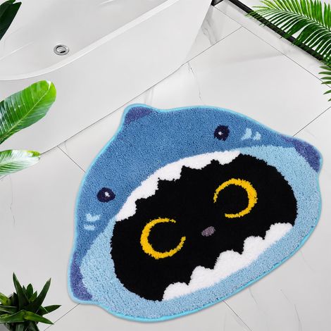 Tapis de salle de bain contour chat requin original, paillasson peluche douce absorbant l’eau, tapis d’appoint mignon à base caoutchouc antidérapante lavable en machine pour baignoire, chambre et déco (1/5)