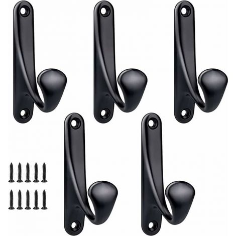 Paquete de 5 ganchos de pared de aleación de zinc resistentes y minimalistas para puerta, entrada, dormitorio, baño, ganchos multiusos para abrigos, tornillos incluidos - negro (1/5)