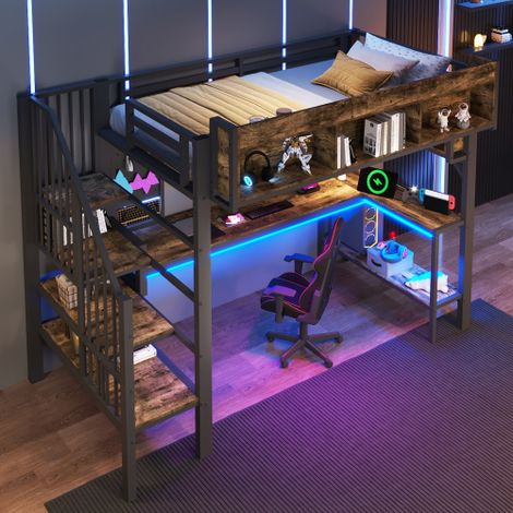 Lit mezzanine 90 x 200 cm avec prise USB et LED - avec bureau d'angle - Noir (matelas non inclus)