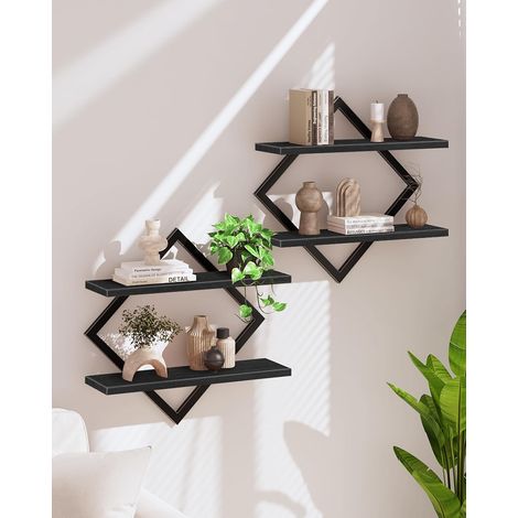 Étagère flottantes, Lot de 2, Étagères murales à 2 Niveaux, Rangements Suspendus avec Cadre métallique losangé, pour Salon, Chambre, Cuisine, Bureau, Noir (1/5)