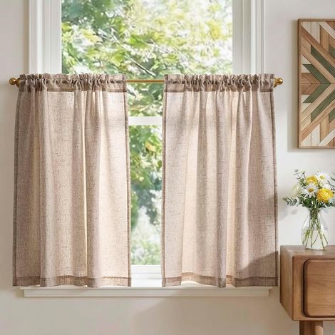 2 Panneaux Rideau Cuisine, 65x90cm, Passe Tringle, Lin Polyester, Pour Fenêtre Placard