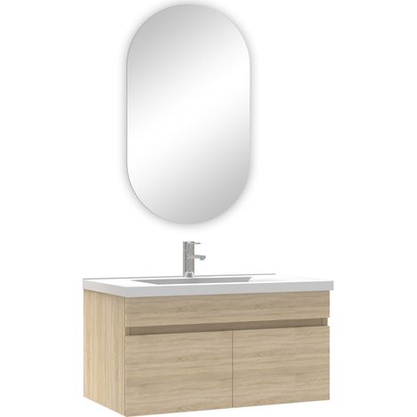 Acezanble ensemble meubles Salle de Bain simple vasque 80cm + miroir ovale Chêne Wotan (1/3)