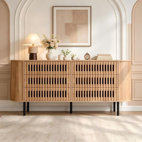 Buffet bahut de salon, 160x40x70cm, Commode de rangement avec 6 tiroirs pour entrée, Style Japandi scandinave, en MDF et pieds en métal, Naturel (1/5)