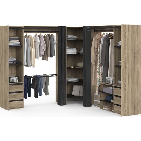 Dressing extensible d'angle MARLON 220 x 220 x 180 cm hêtre avec penderies + porte pantalon + étagères + tiroirs + rideaux noirs (1/5)