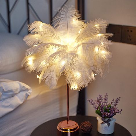 Lampe Plume - Lampe de Table pour Chevet - Éclairage Décoratif Chaleureux - USB ou Piles - Blanc - 1 Pièce (1/5)