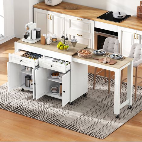 Îlot de cuisine sur roulettes avec plan de travail extensible, MDF blanc HAVRYA (1/5)