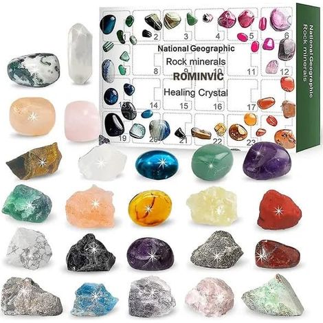 Calendrier de l'Avent avec pierres minérales, 24 jours, ensemble de 24 pierres semi-précieuses et cristaux multicolores (1/5)
