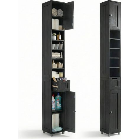 Vounot – Colonne de salle de bain 20x20x180 cm – Meuble rangement avec 5 étagères réglables, 1 tiroir et 2 armoires à portes – MDF noir (1/5)
