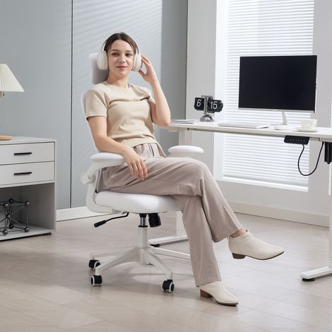 Silla de Oficina de Malla con Respaldo Alto Reposacabezas Ajustable Soporte Lumbar 4D 62x64x120 cm Blanco (1/5)