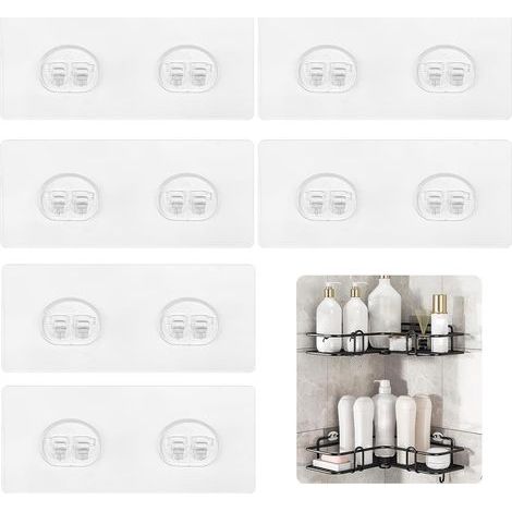 Lot de 6 crochets adhésifs de rechange pour étagère de douche, crochets adhésifs d'angle solides pour étagère d'angle de salle de bain, cuisine, panier de douche (crochet double) (1/5)