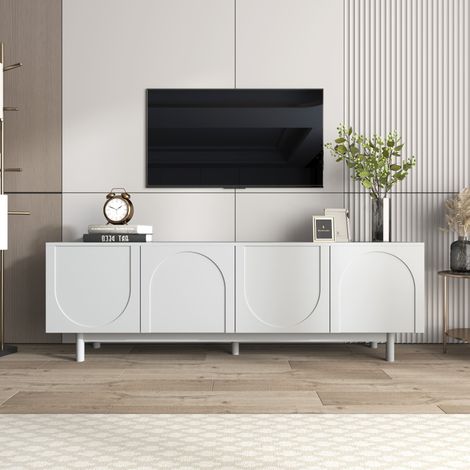 Meuble TV 175 cm blanc, 4 portes push-to-open, étagères réglables, pieds en bois massif, meuble bas moderne avec rangement (1/5)