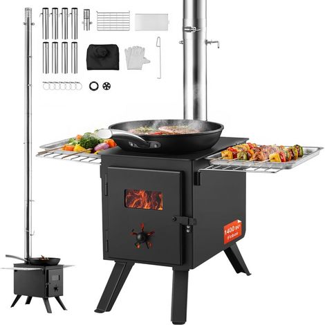 Poêle à Bois de Tente Portable Chauffage et Cuisson Camping Double Combustion 23 L Acier Allié avec 8 Tuyaux et Gants (1/5)