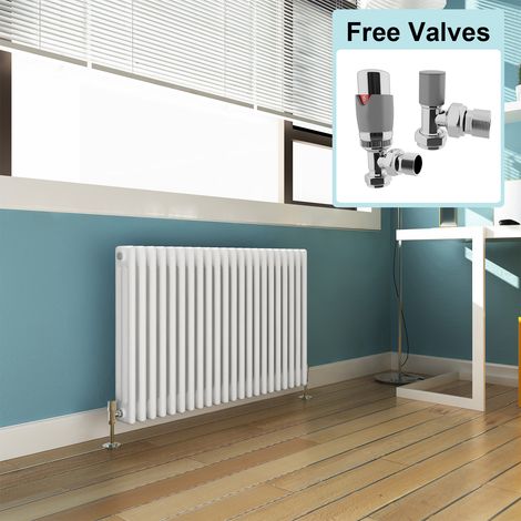 ELEGANT 600 x 999 mm Traditional Radiator Cast Iron Style Horizontal Radiator White Triple Horizontal Column Radiators + Chrome Thermostatic Radiator Valves (1/5)