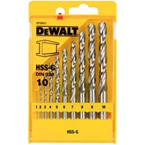DeWalt DT5921-QZ juego de 10 brocas para metal HSS-G DIN 338 en cassette de plástico, 1,2-10 mm, ideal para perforaciones en acero inoxidable, alta precisión y resistencia.