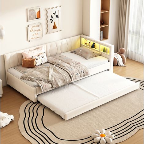 Bett Ausziehbar 90x200 mit Stauraum Leinen Beige OKMYHOME (1/5)