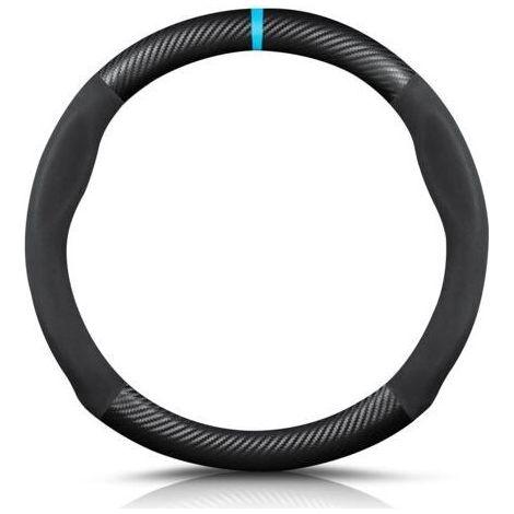 BUNTHAUS Round Shape Carbon Fibre & Microfibre PU Leather Steering Wheel Cover Non-Slip Car Steering Wheel Cover Breathable Sport Car Steering Wheel Cover for Diameter 38 cm (15 Inches) - Black Blue (1/5)