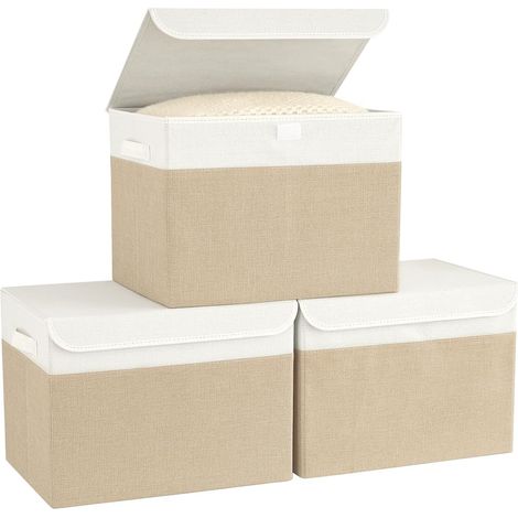 Lot de 3 boîtes de rangement pliables en tissu avec couvercles et poignées pour vêtements, jouets - Pour armoire, chambre à coucher, bureau - Blanc et beige - 25 x 20 x 15 cm (1/5)