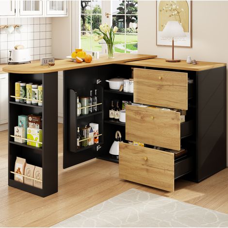 Bar con almacenaje 204x39x104 cm en MDF negro, extensible y giratorio FloraGrace (1/5)