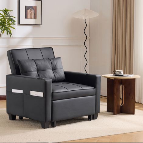 Canapé-lit 3-en-1 convertible 1 place, fauteuil relax, PU noir, 74 x 87 x 84 cm, OKWISH (1/5)