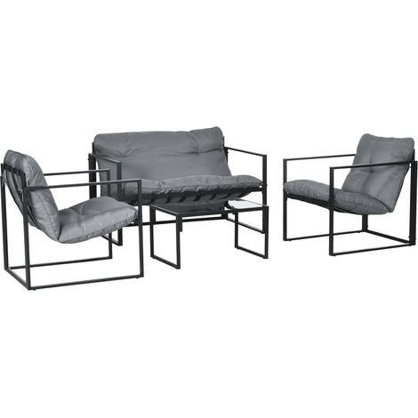 Set 4 Pezzi da Giardino con Divanetto 2 Poltrone e Tavolino in Acciaio, Poliestere e Cotone PP Nero e Grigio (1/5)