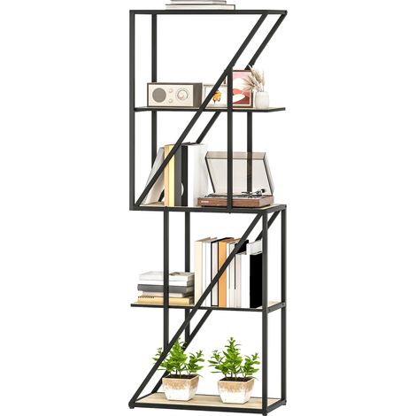 Bibliothèque à avec étagères ouvertes et structure en acier style industriel pliable 60 x 30 x 165 cm ch ne pour salon niveaux, industriel, acier, chêne (1/5)