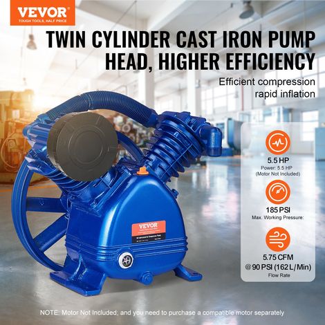 Tête de Pompe de Compresseur d'Air, 5,5 CV, Tête de Pompe à Piston Lubrifié à Huile 2 Cylindres, Débit 162 L/min 5,75 CFM à 90 PSI,… (1/5)