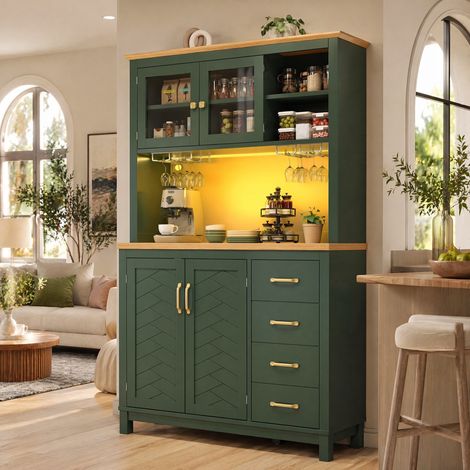 Buffetschrank 105,5 x 40 x 180 cm mit 4 Türen, LED-Beleuchtung und Becherhaltern, grün OKMYHOME (1/5)