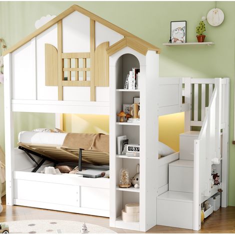 Letto a castello per bambini 90x200 + 90x200 con contenitore, LED e scala bianco/naturale DESVIAE (1/5)