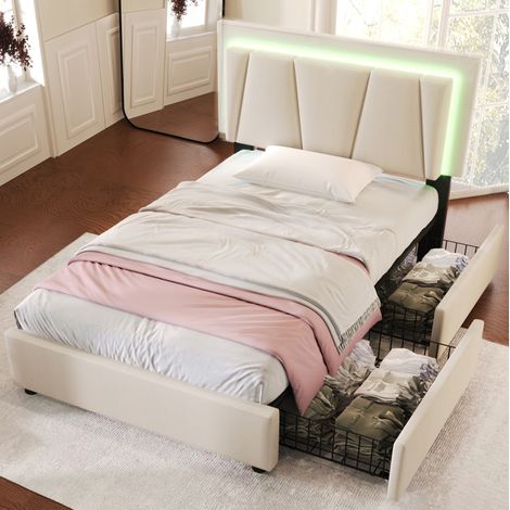 DESVIAE Lit rembourré LED avec 2 tiroirs tête de lit réglable beige 90 x 200 cm structure en bois et fer (1/5)