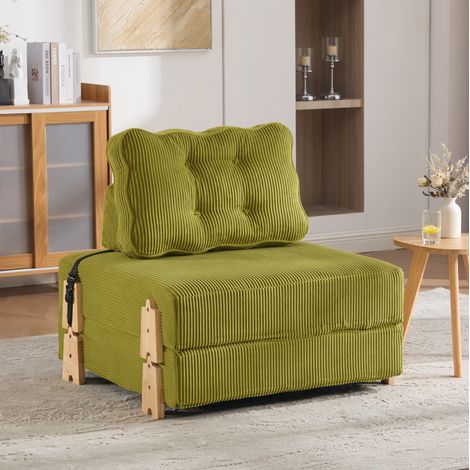 Fauteuil convertible 1 place en velours côtelé vert olive, canapé-lit pliable avec coussin matelassé, structure en bois clair, compact pour petit espace, 150 kg – CHICFURN (1/5)