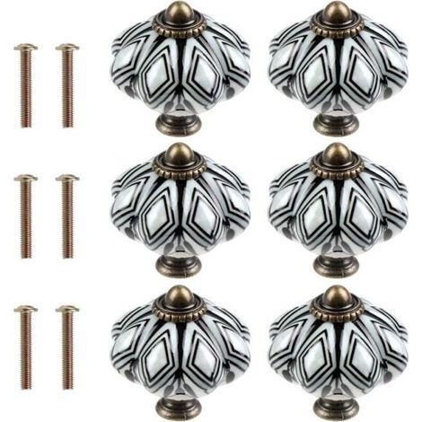 Set of 6 Black Round Ceramic Cabinet Knobs - Antique Pumpkin Style - Rustic Retro Style Cupboard and Drawer Knobs (1/5)