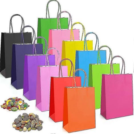 Lot de 12 sachets cadeaux arc-en-ciel. Sachets en papier pour bonbons et friandises avec poignées torsadées. (1/5)
