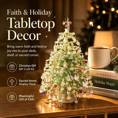 DIY-Set: Miniatur-Weihnachtsbaum mit Lichterkette und Perlen, kreatives DIY-Set, festliche Tischdekoration, Komplettset mit Zubehör und Lichterkette – Weihnachtsbaum mit Engeln und Lichtern (1/4)