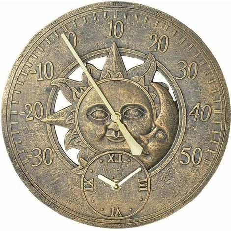 Horloge Thermomètre d'Extérieur Horloge Murale Vintage Station de Décoration Rétro Horloge Suspendue Motif Soleil Lune Imperméable Extérieur ou Intérieur, Piscine, Clôture, Patio (1/5)