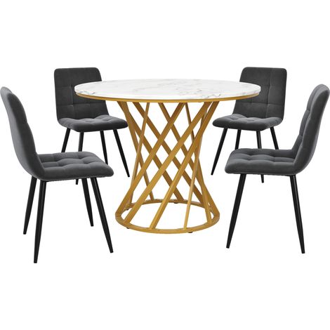 5-teiliges Esstisch-Set rund 80 cm MDF-Marmoreffekt und 4 dunkelgraue Samtstühle (1/5)