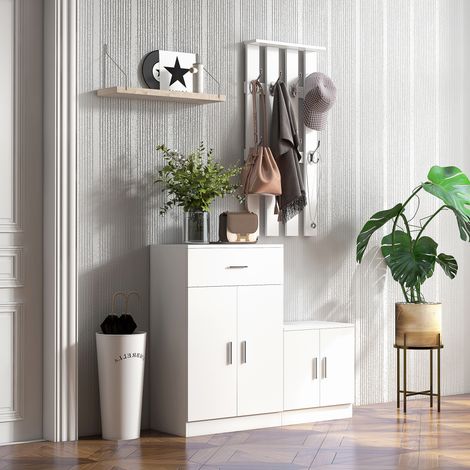 Armoire à chaussures - pour couloir et chambre - avec porte-manteau combiné - en bois 100x32x187cm blanc